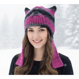 ⭐Womens Handmade Pink Cat Ear Beanie Hat Soft Knit Purple Winter Cap Trapper New